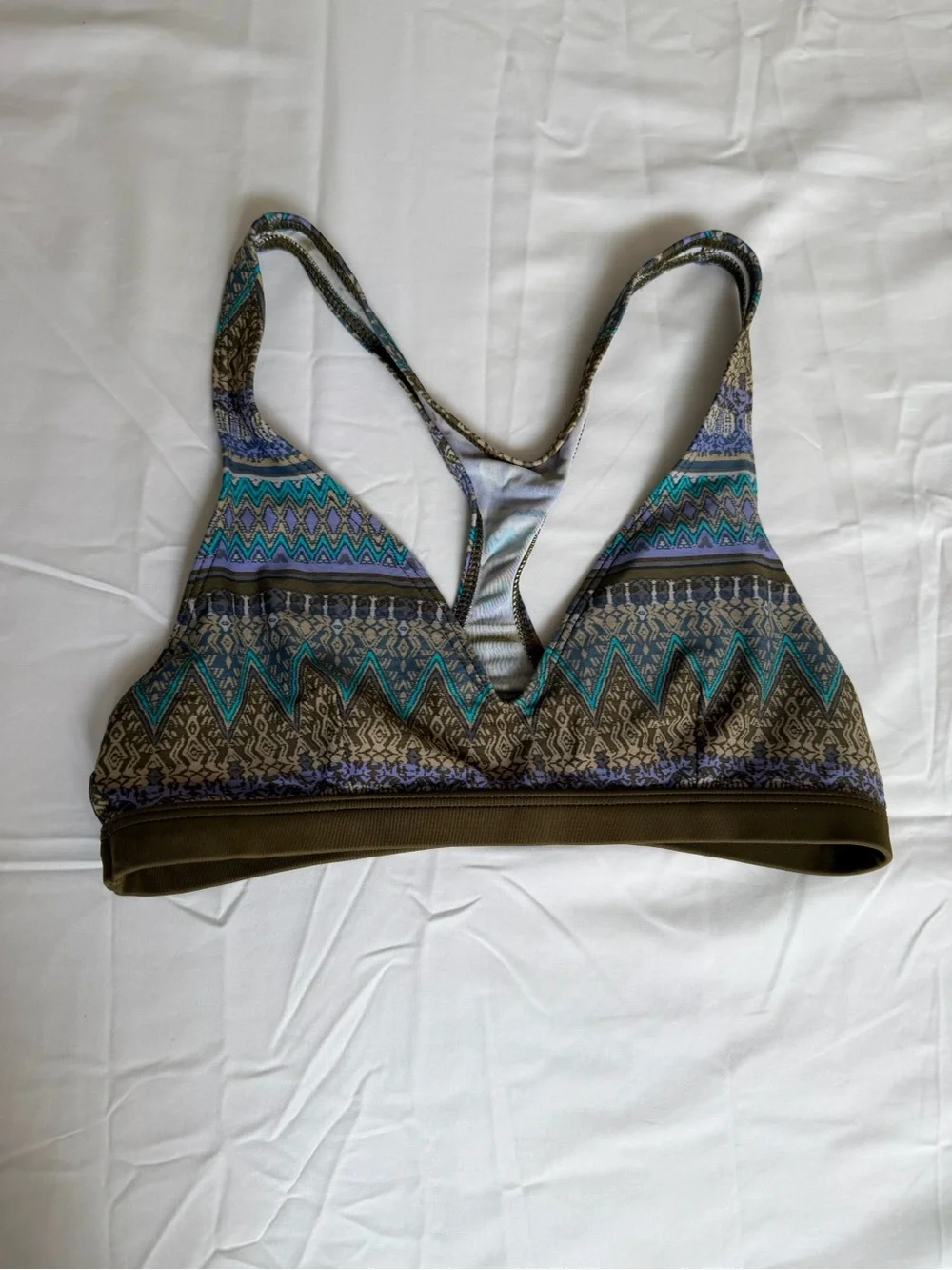 Patagonia Printed Racerback Sports Bra in Olive, Teal & Blue
